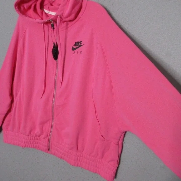 Nike Air Fleece Hoodie Women XL Pink Black Full Zip Dolman Sleeve Jewel Zipper - Picture 1 of 10